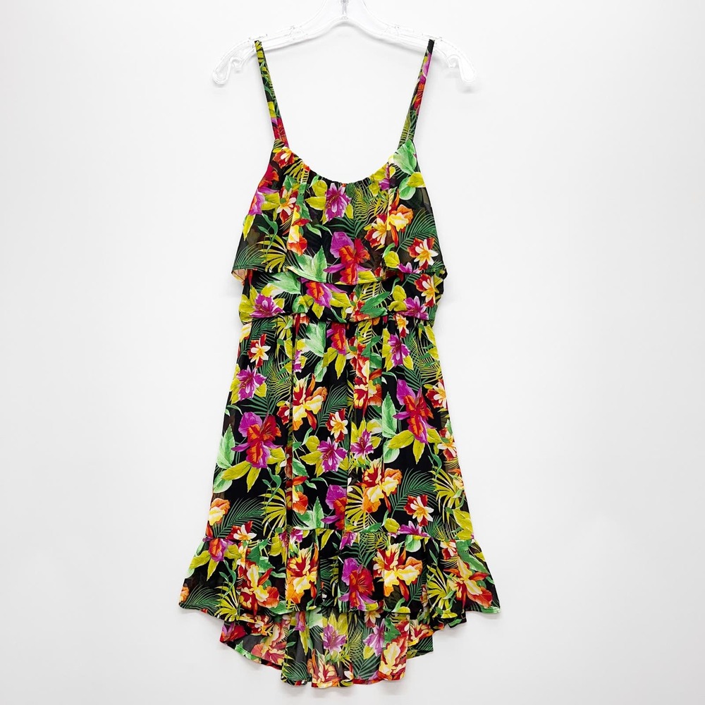 BONGO | Tropical Hawaiian Floral Chiffon Mini Sundress Black Pink Size L